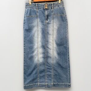 C Est. 1946 Denim Blue Jean Midi Maxi Skirt Size 6 High Rise Pockets Back Slit